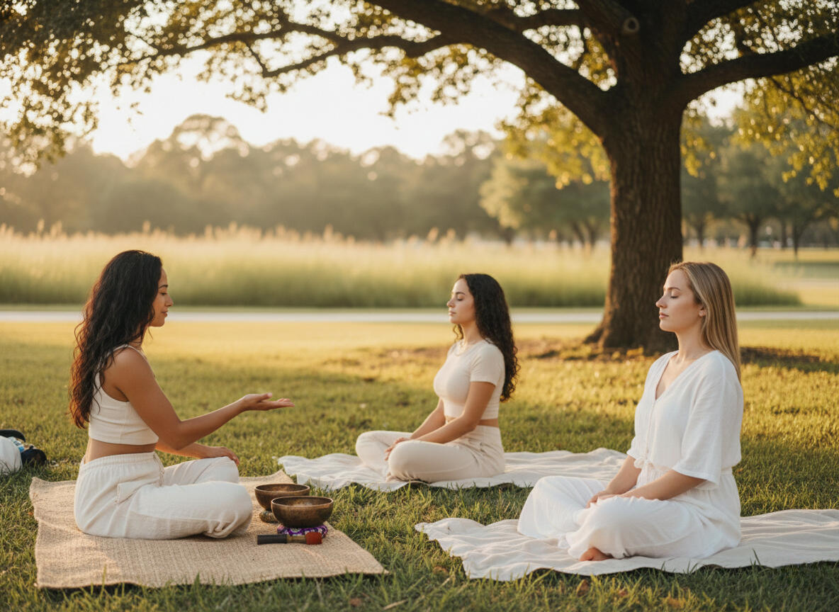 The Reset Circle — Private Weekly Yoga Houston Sidra leading a private small group yoga circle outdoors in Houston TX at golden hour with singing bowls