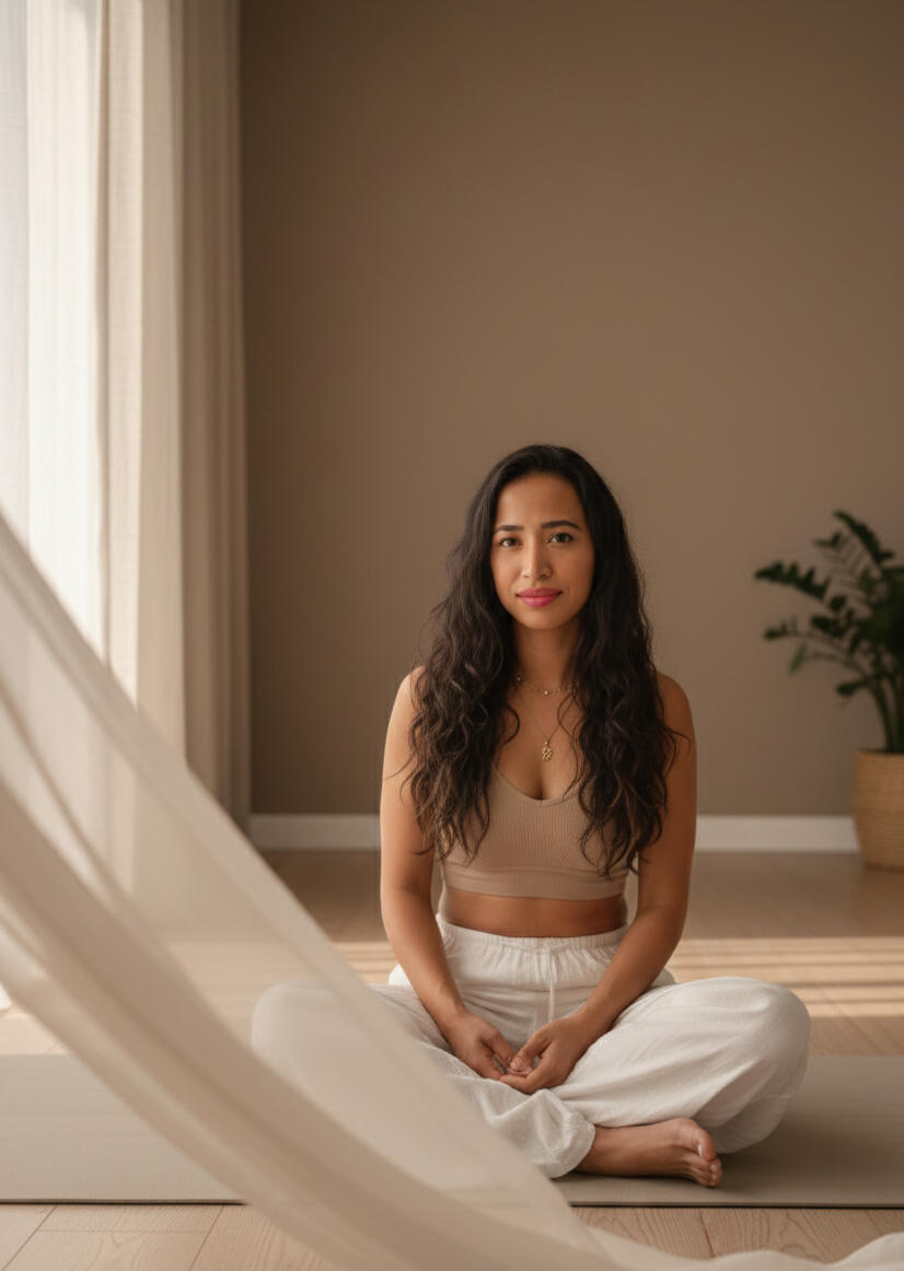 Sidra — Founder, Fire & Flow Yoga Sidra, private yoga and sound bath instructor in Houston TX, seated in meditation pose